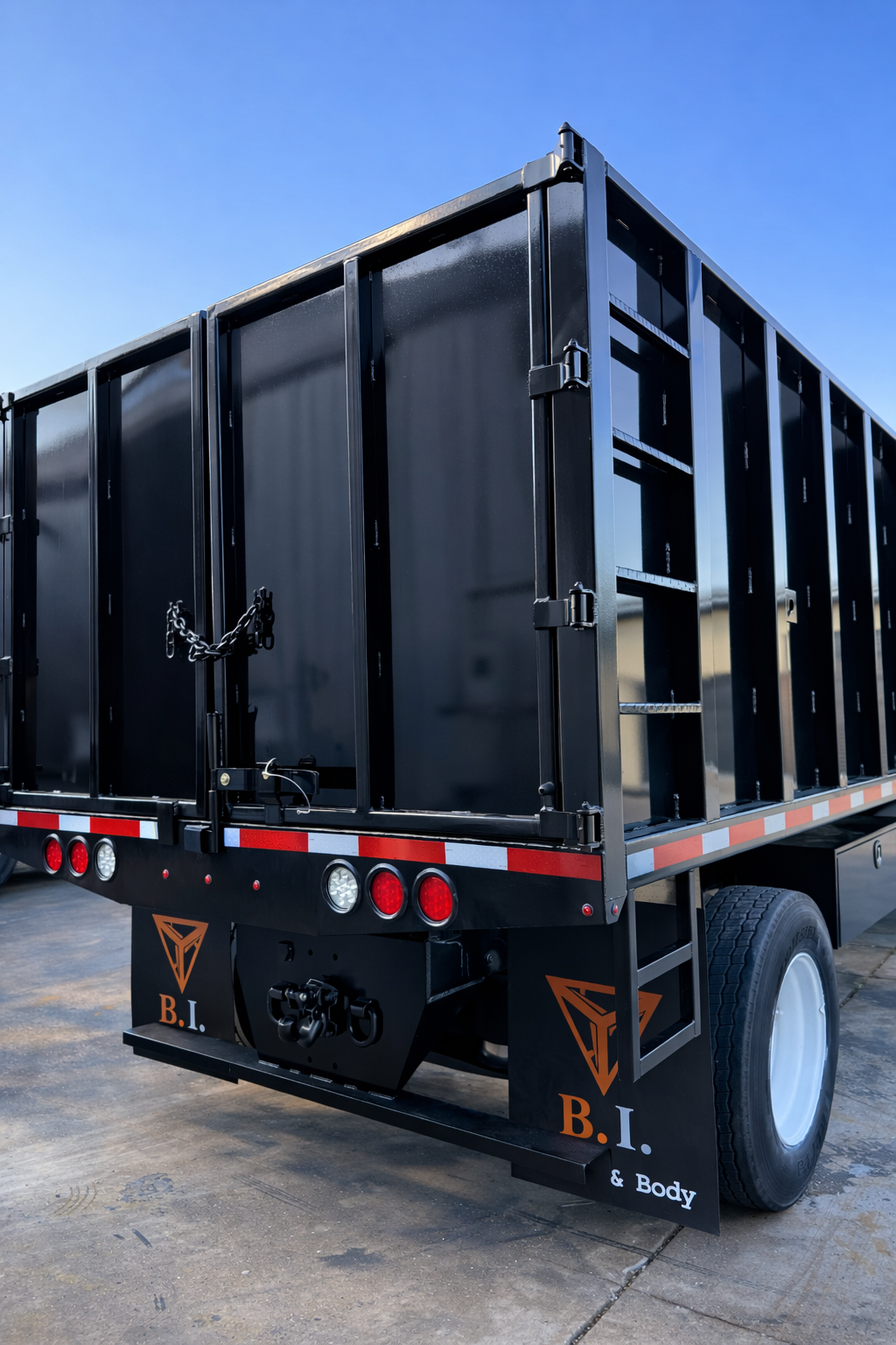 Heavy-duty dump body truck rear view for construction and infrastructure work