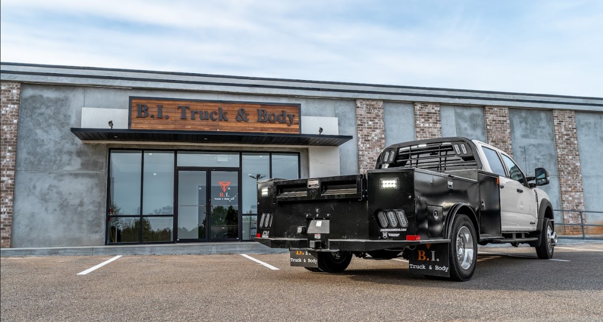 BI Truck & Body facility frontage with completed truck build in Madison, Georgia